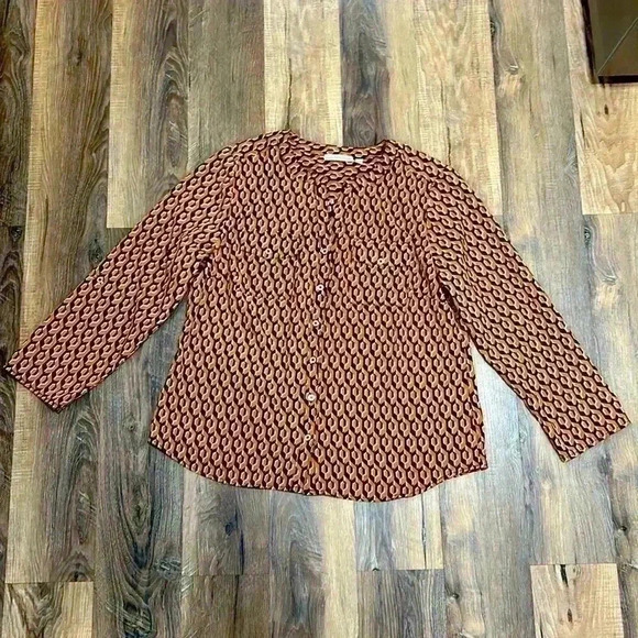 Notations women’s orange/black/tan pattern Blouse size large. Long sleeve v-neck - Picture 1 of 12